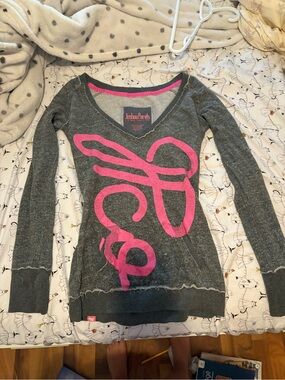 Gray V-Neck Sweater with Pink Script